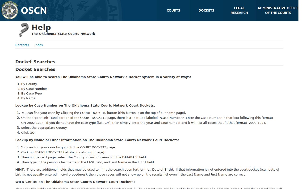 Delaware County warrant search fields in OSCN help