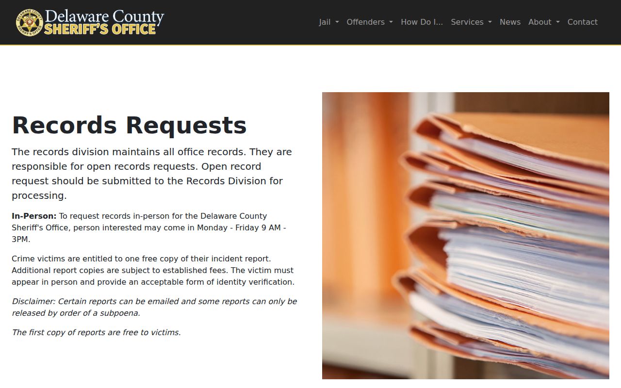 Delaware County warrant records Sheriff records request route