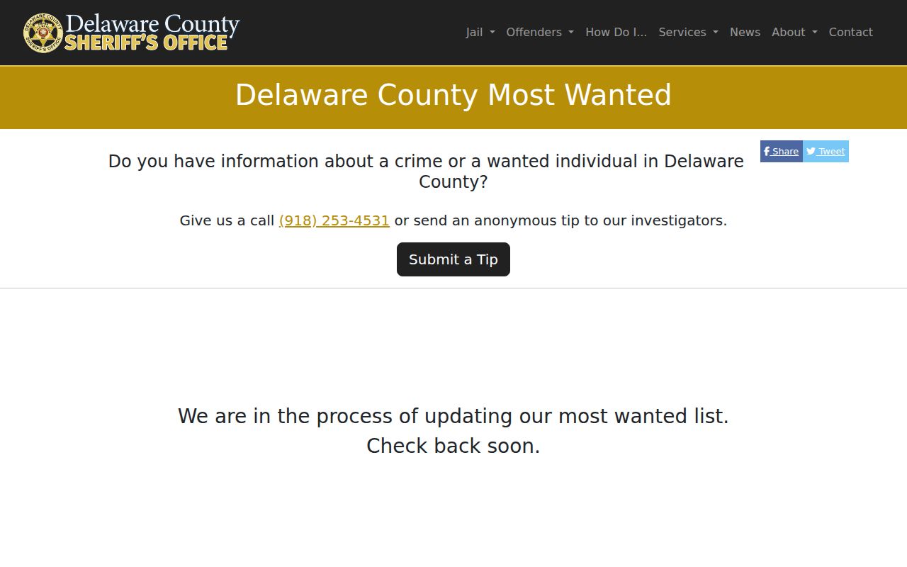 Delaware County warrant records Most Wanted page notice